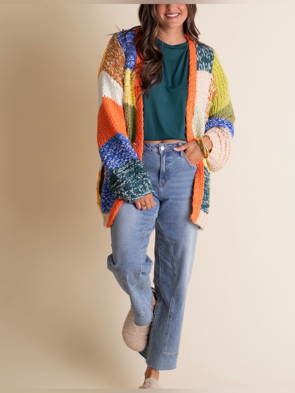 Multicolor Chunky Knit Cardigan Sweater by Listicle - Vibrant Colorblock
